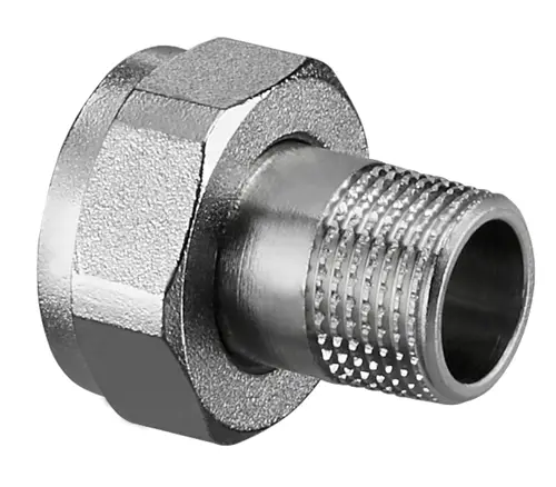 Verschraubung aus Metall mit einer Außengewinde- und einer Innengewinde-Seite. Das Produkt stammt von Oventrop und dient der Verbindung von Rohren oder weiteren Komponenten.